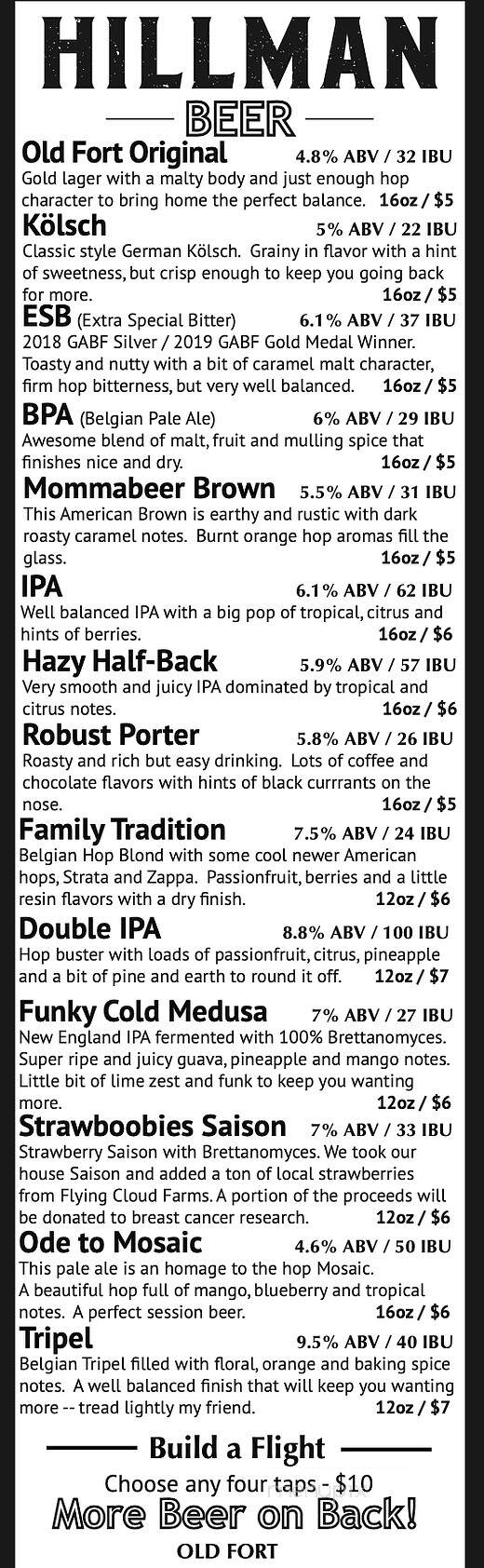 Hillman Beer - Old Fort, NC menu_pic
