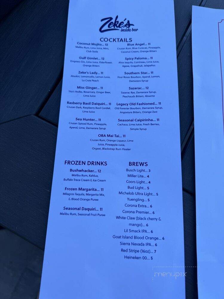 Zeke's Restaurant - Orange Beach, AL menu_pic