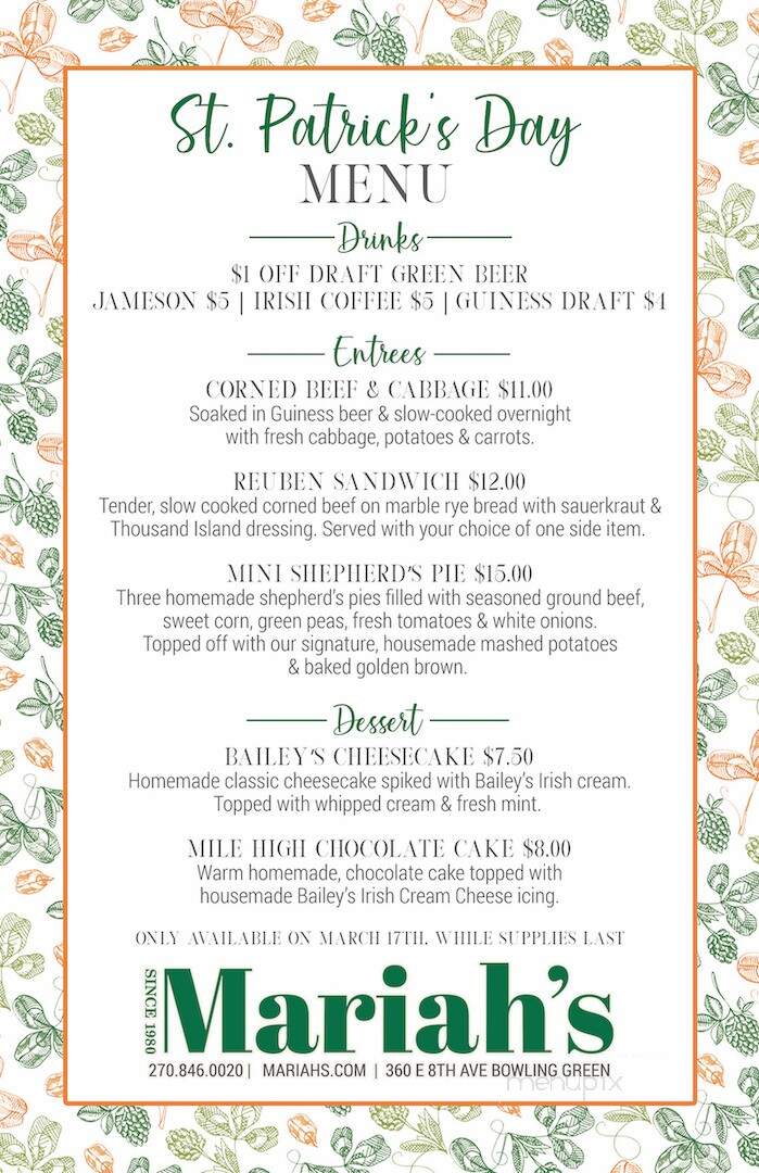 Mariah's - Bowling Green, KY menu_pic