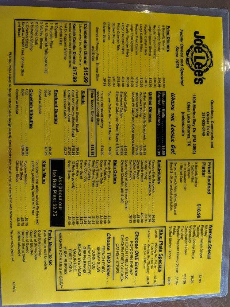 Joe Lee's Seafood Kitchen - Kemah, TX menu_pic
