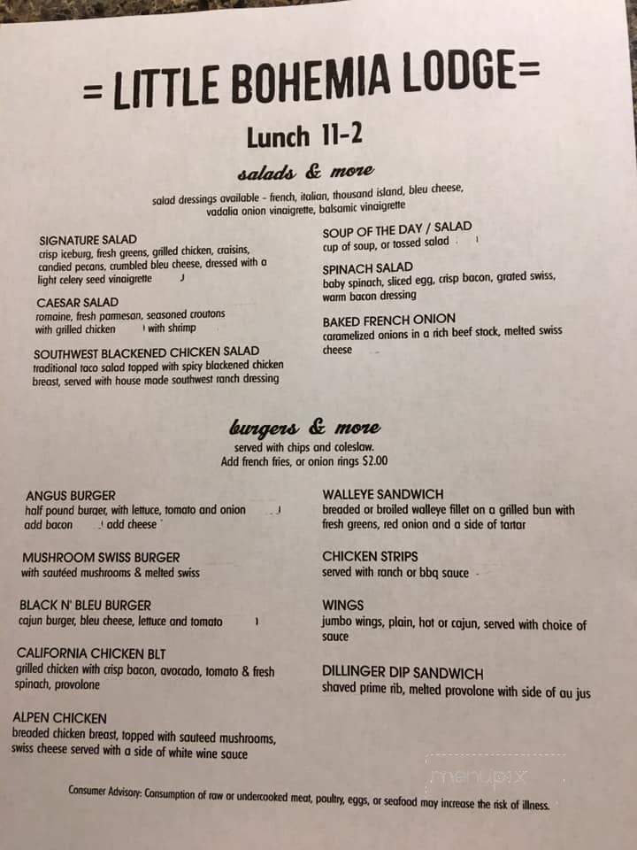 Little Bohemia Restaurant - Manitowish Waters, WI menu_pic