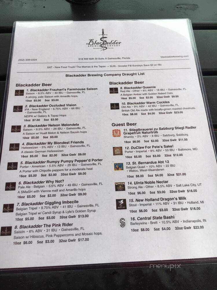 Blackadder Brewing Co - Gainesville, FL menu_pic