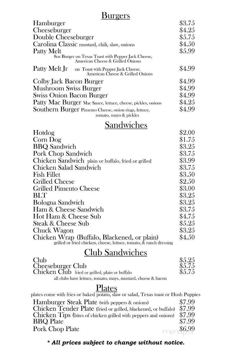 Patty's Snack Bar - Jonesville, NC menu_pic