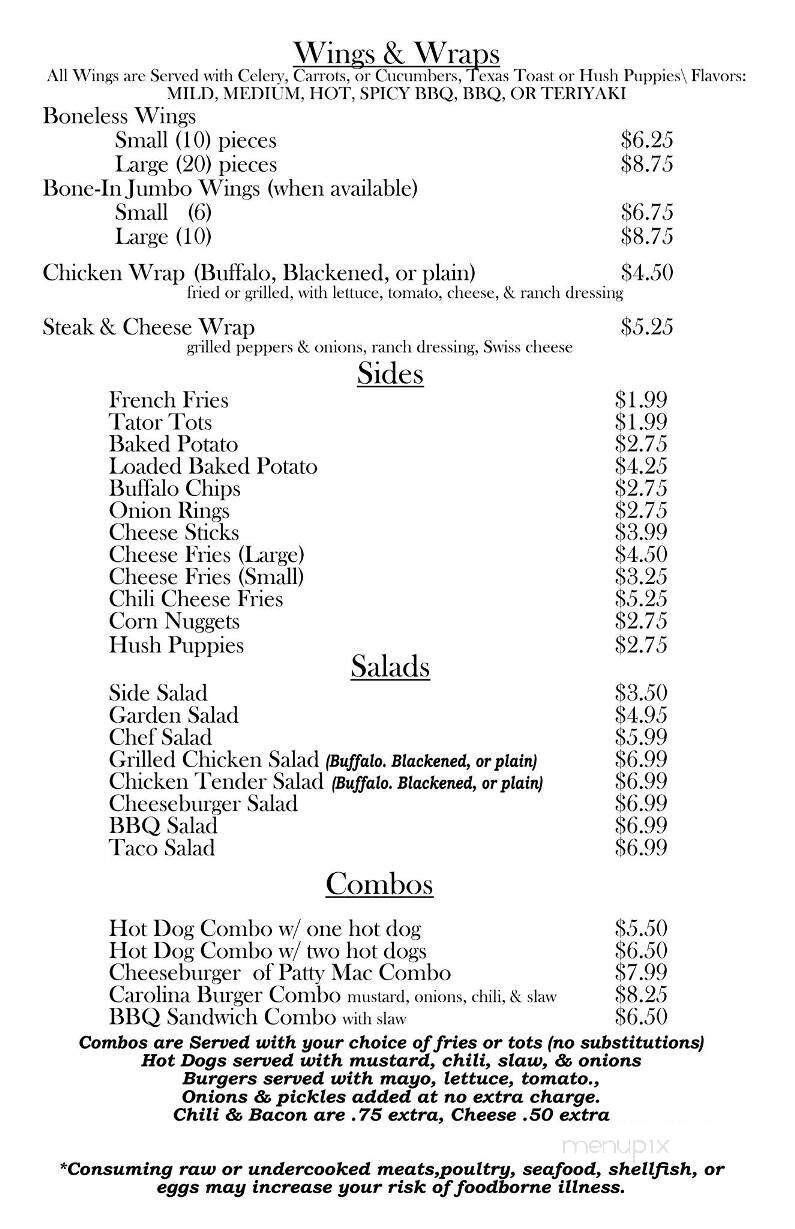 Patty's Snack Bar - Jonesville, NC menu_pic