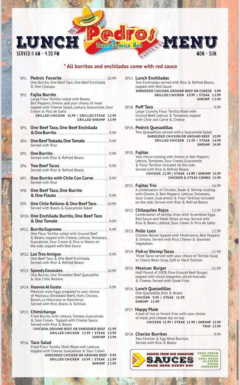 Pedros Tacos & Tequila - New Iberia, LA menu_pic