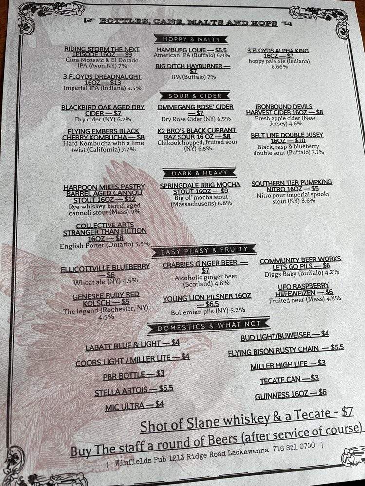 Winfield's Pub - Buffalo, NY menu_pic