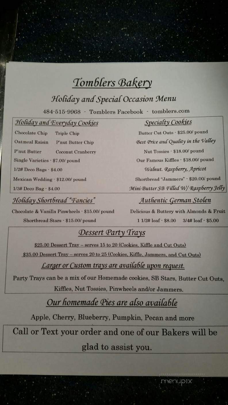 Tombler's Home Bakery - Easton, PA menu_pic