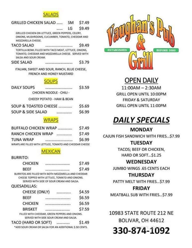 Vaughan's Pub & Grill - Bolivar, OH menu_pic