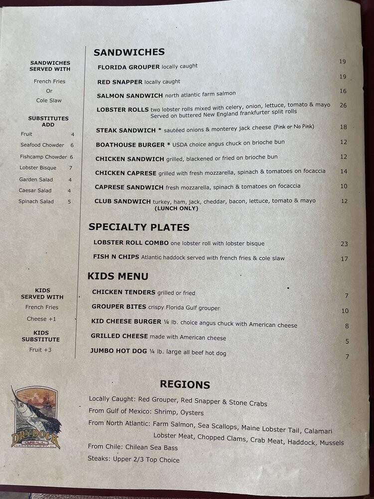 Dry Dock Waterfront Grill - Longboat Key, FL menu_pic