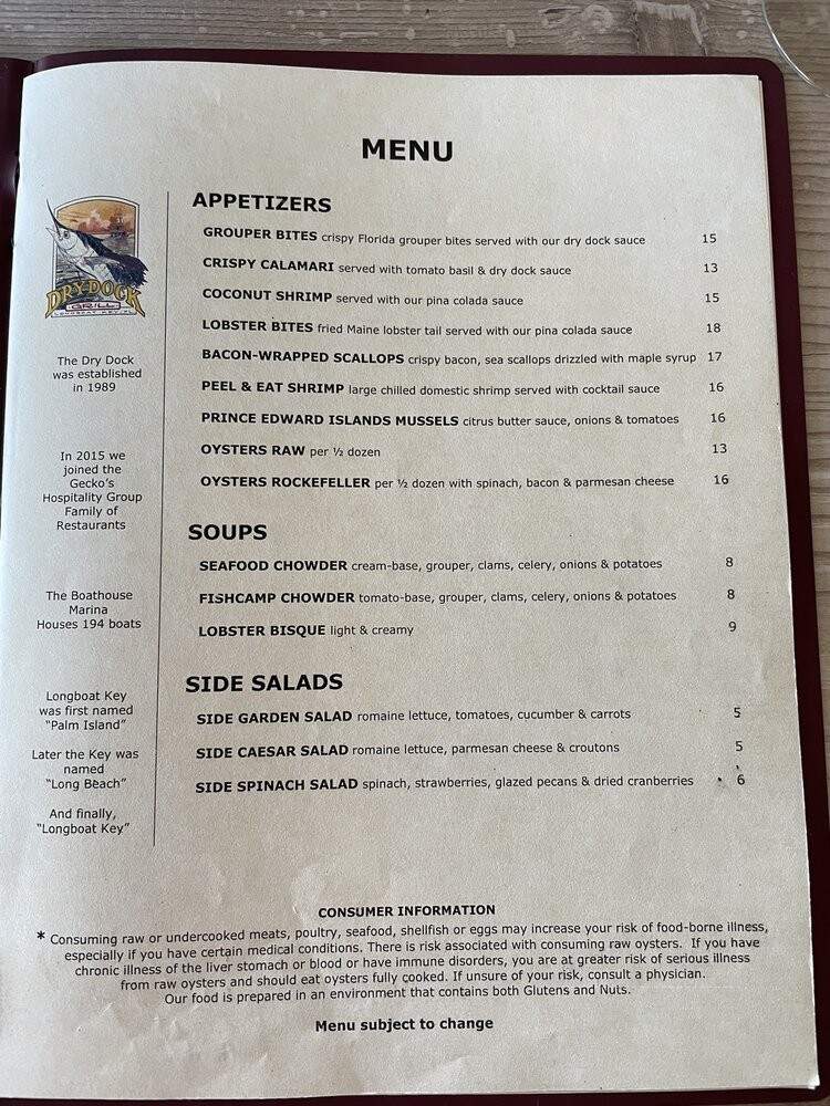 Dry Dock Waterfront Grill - Longboat Key, FL menu_pic