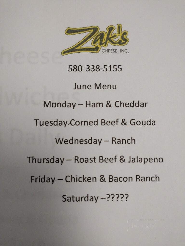 Zak's Cheese - Guymon, OK menu_pic