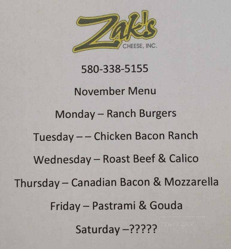 Zak's Cheese - Guymon, OK menu_pic