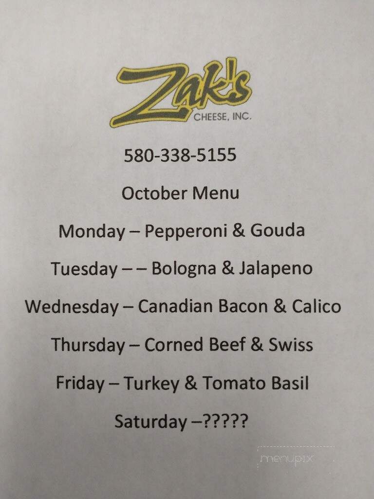 Zak's Cheese - Guymon, OK menu_pic
