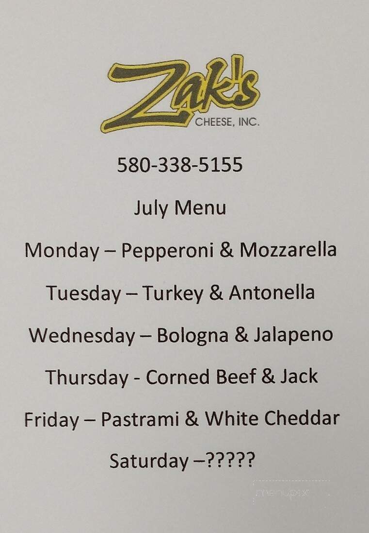 Zak's Cheese - Guymon, OK menu_pic