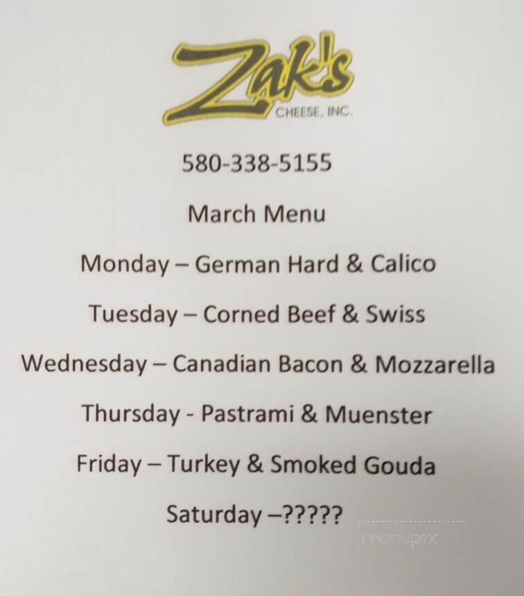 Zak's Cheese - Guymon, OK menu_pic