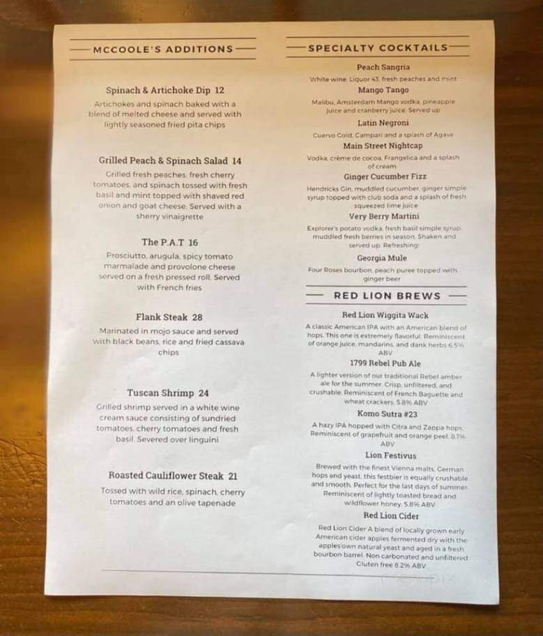 McCooles Red Lion Inn - Quakertown, PA menu_pic