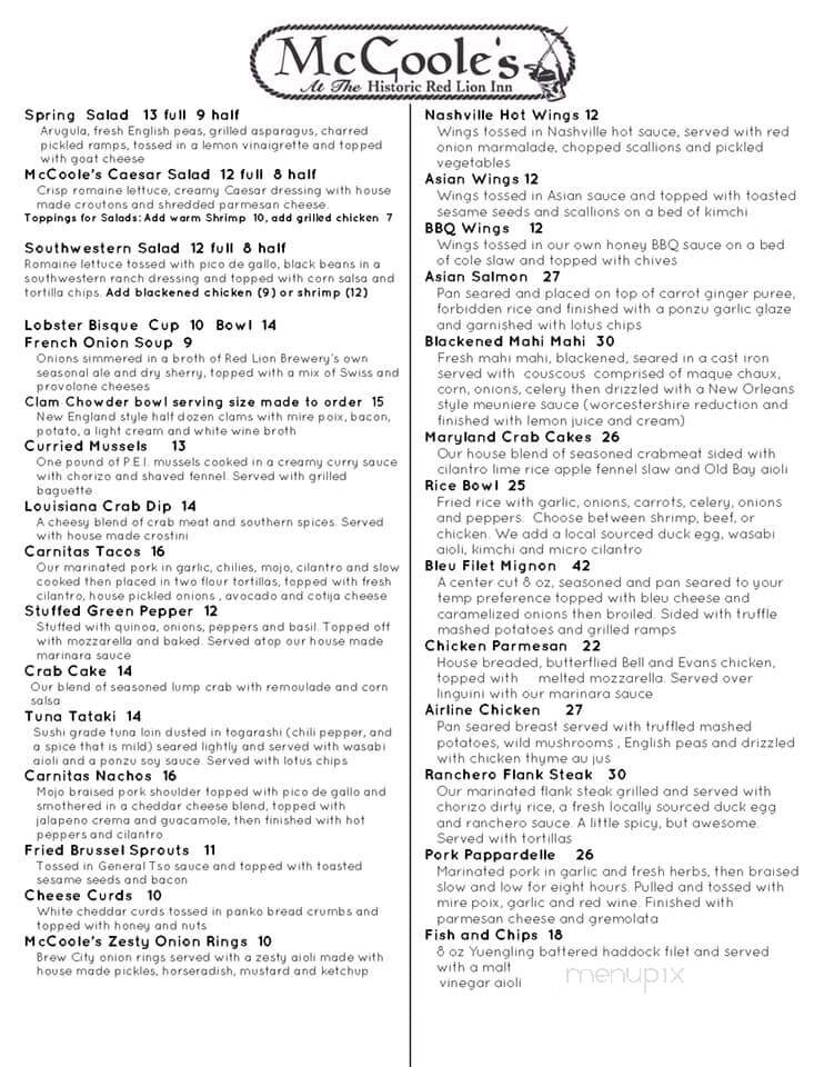 McCooles Red Lion Inn - Quakertown, PA menu_pic