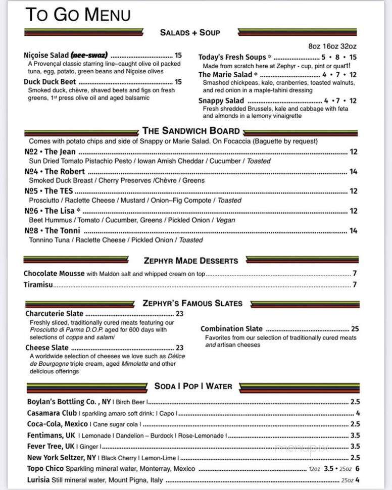 Zephyr Bar - Marquette, MI menu_pic