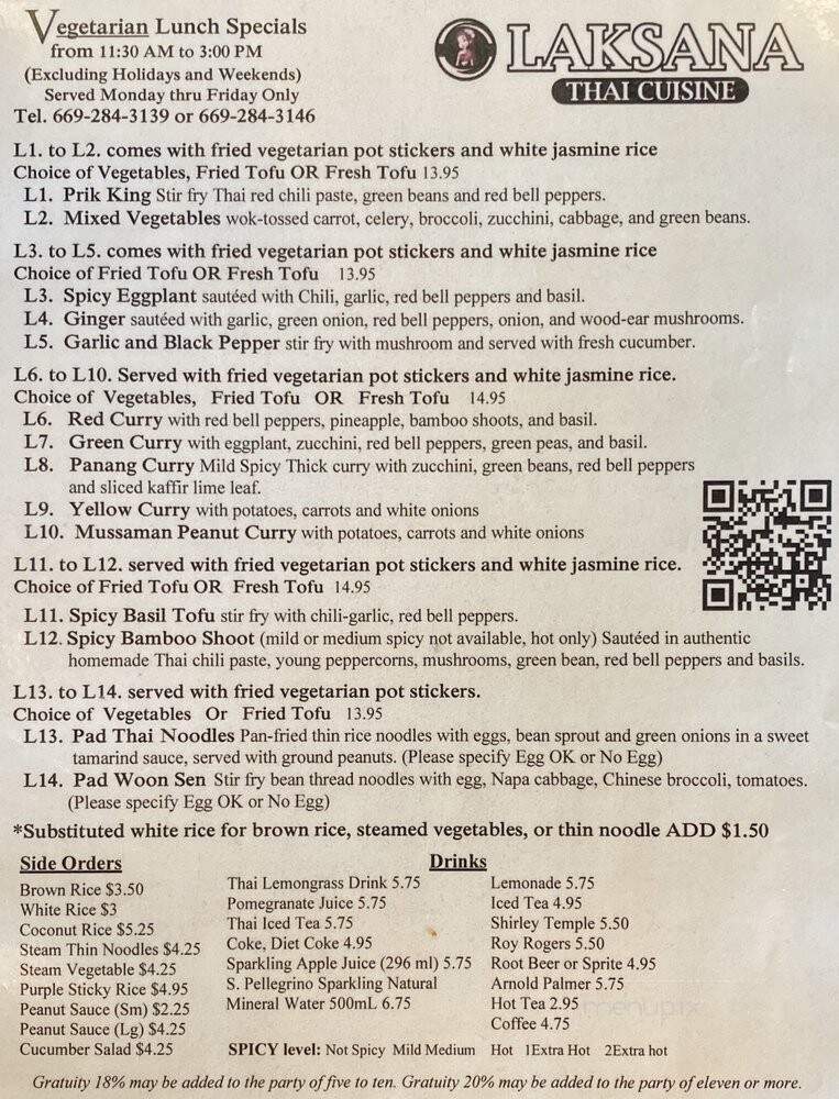 Laksana Thai Cuisine - San Jose, CA menu_pic