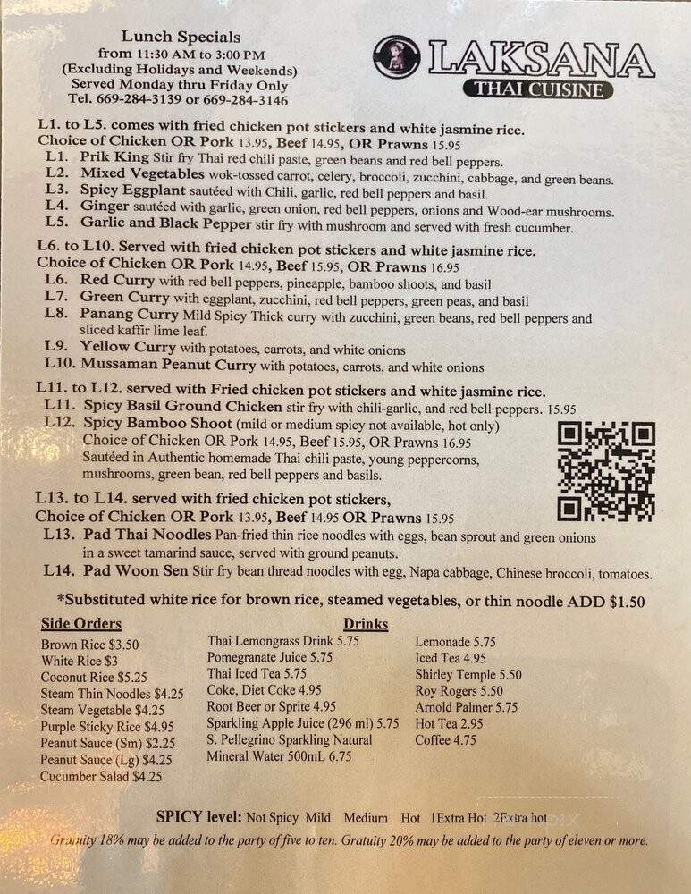 Laksana Thai Cuisine - San Jose, CA menu_pic