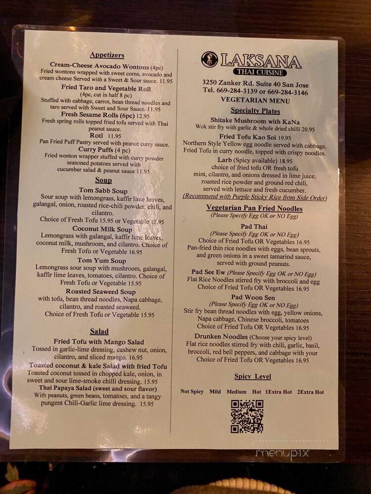 Laksana Thai Cuisine - San Jose, CA menu_pic