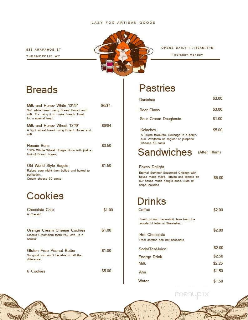 Lazy Fox Artisan Goods - Thermopolis, WY menu_pic