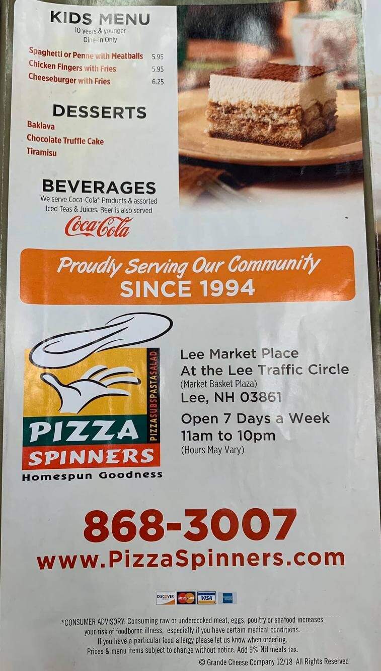 Pizza Spinners - Lee, NH menu_pic