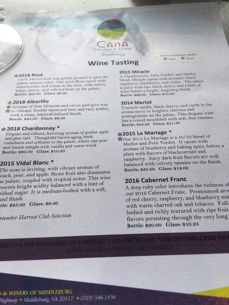 Cana Vineyards and Winery of Middleburg - Middleburg, VA menu_pic
