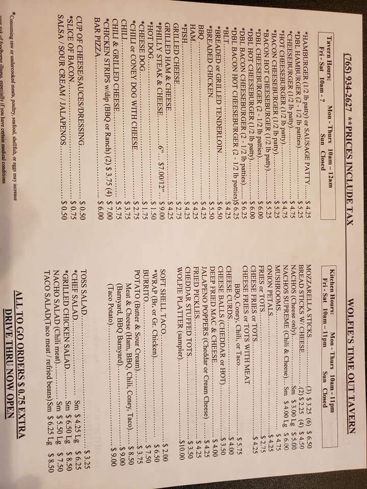 Time-Out Tavern Incorporated - Van Buren, IN menu_pic