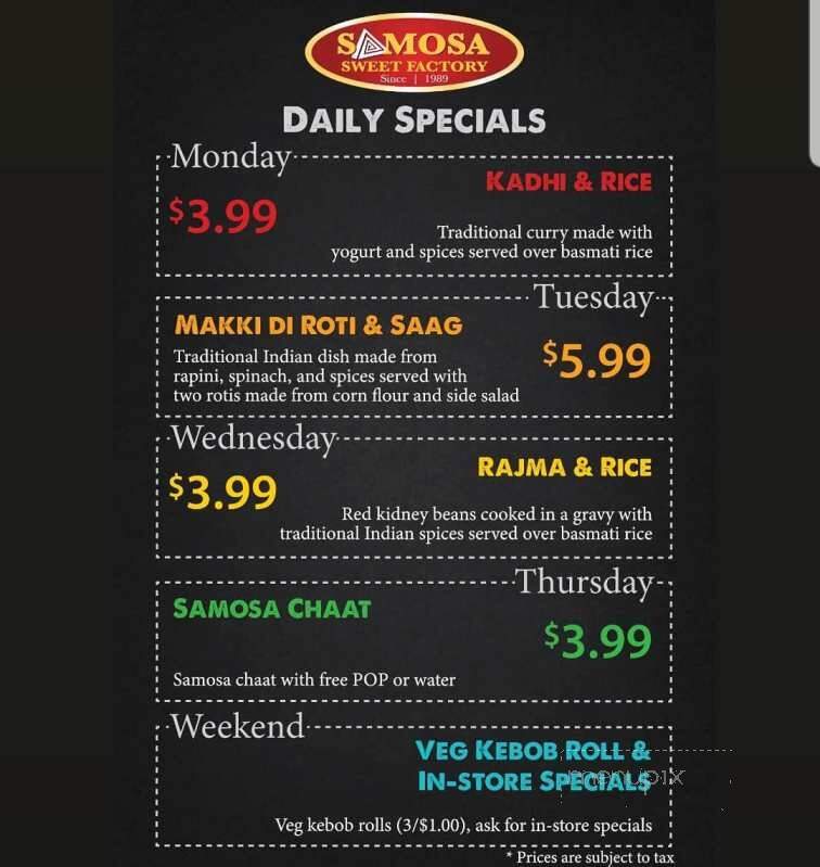 Samosa & Sweet Factory - Toronto, ON menu_pic