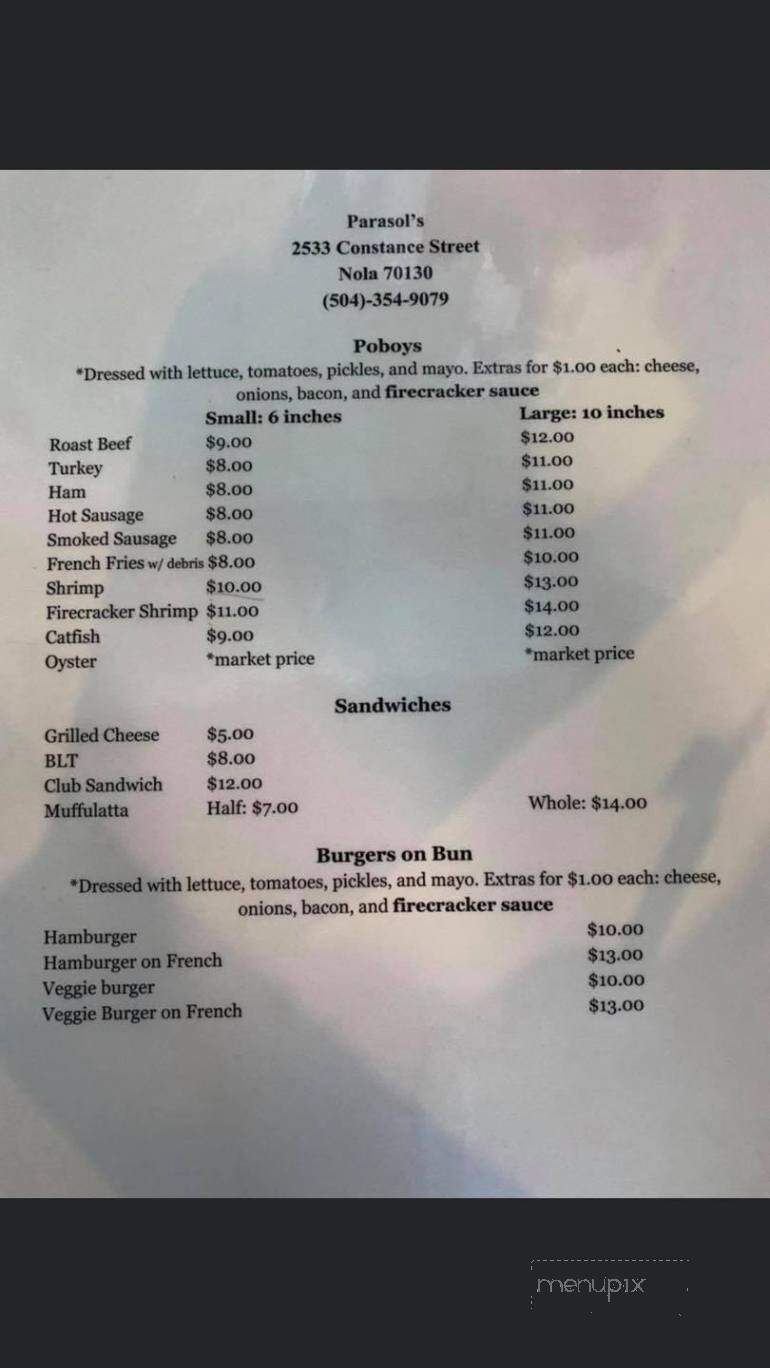 Parasol's Restaurant - New Orleans, LA menu_pic