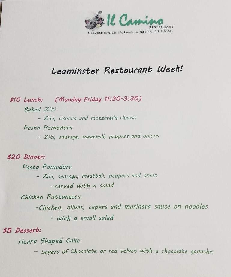 Il Camino Restaurant - Leominster, MA menu_pic