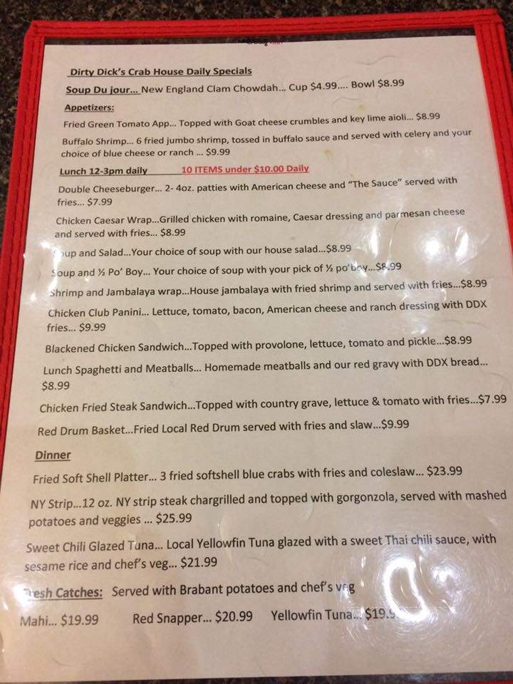 Dirty Dick's Crab House - Hatteras, NC menu_pic