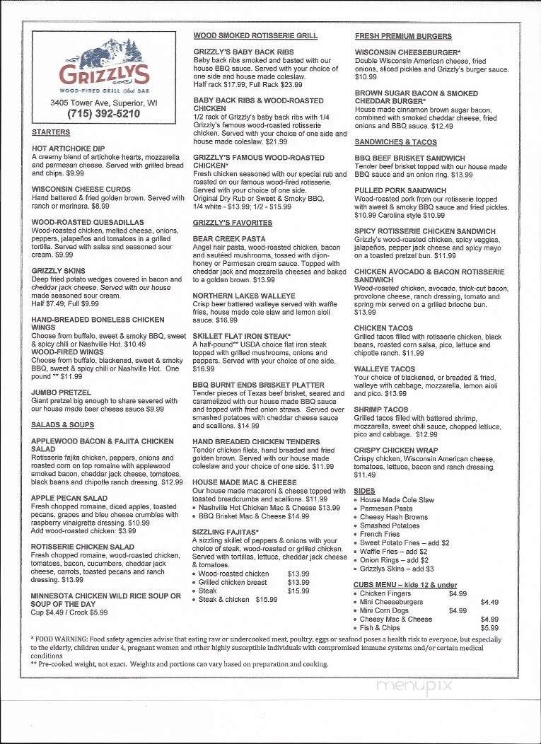 Grizzly's Grill N' Saloon - Superior, WI menu_pic