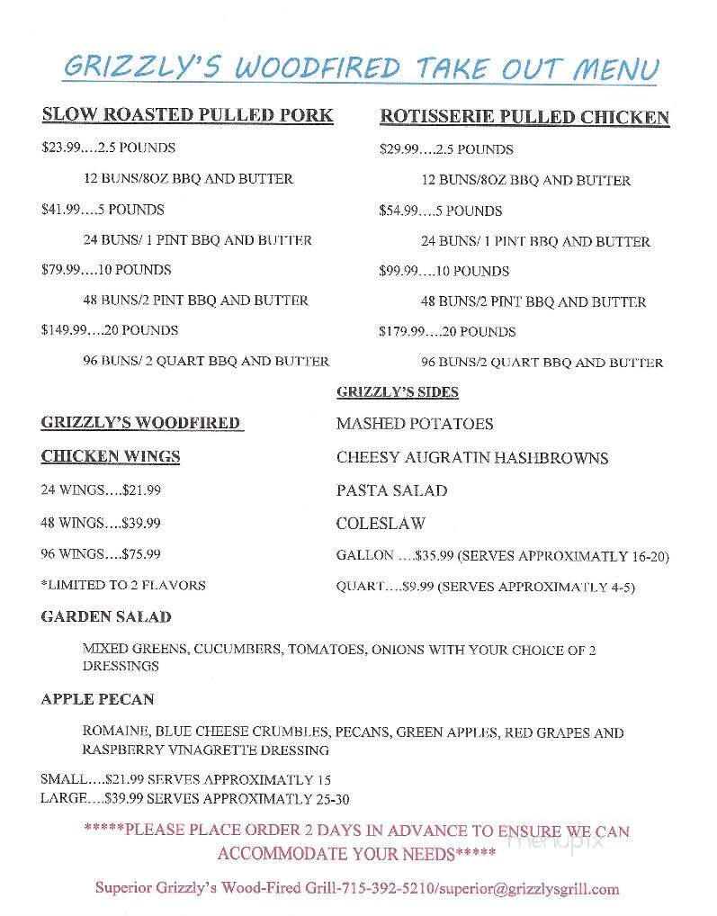Grizzly's Grill N' Saloon - Superior, WI menu_pic