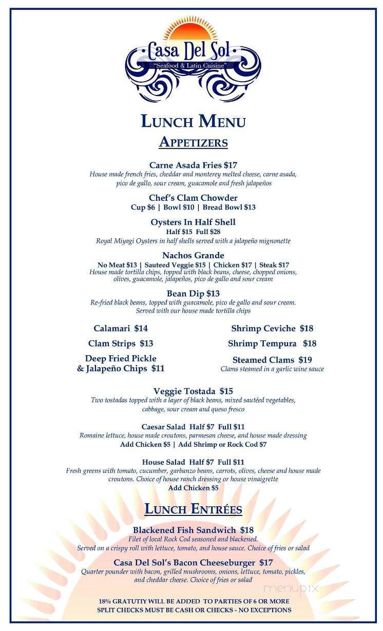 Casa Del Sol - Fort Bragg, CA menu_pic