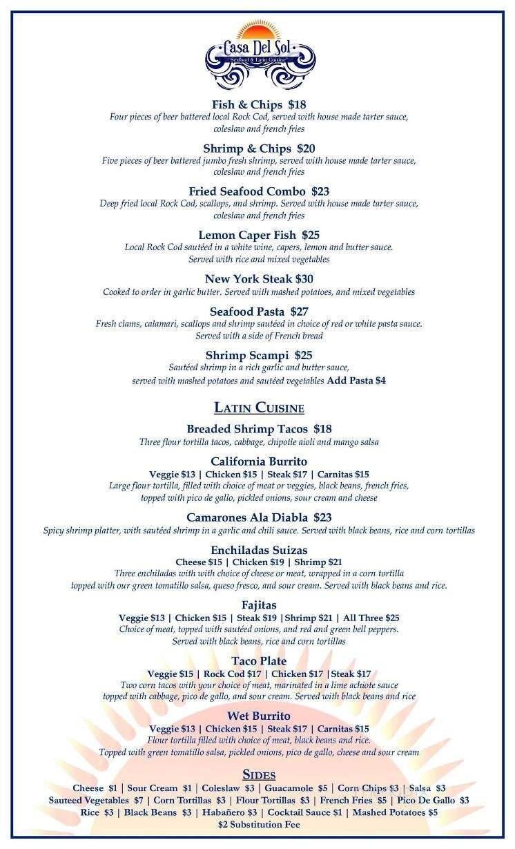 Casa Del Sol - Fort Bragg, CA menu_pic