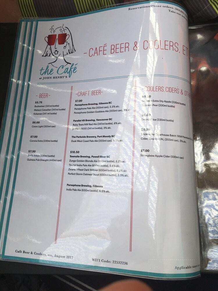 The Cafe John Henry's - Garden Bay, BC menu_pic