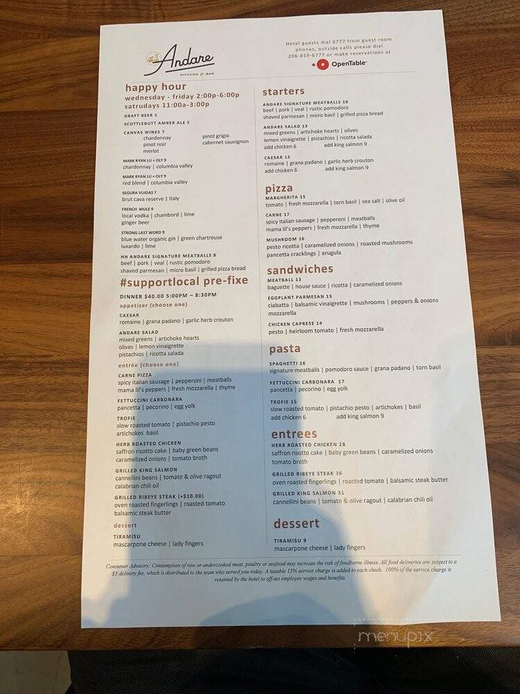 Andare Kitchen & Bar - Seattle, WA menu_pic