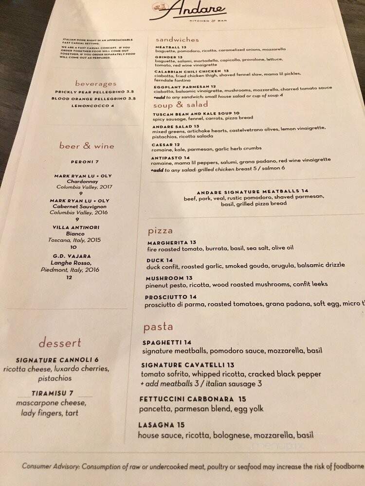 Andare Kitchen & Bar - Seattle, WA menu_pic