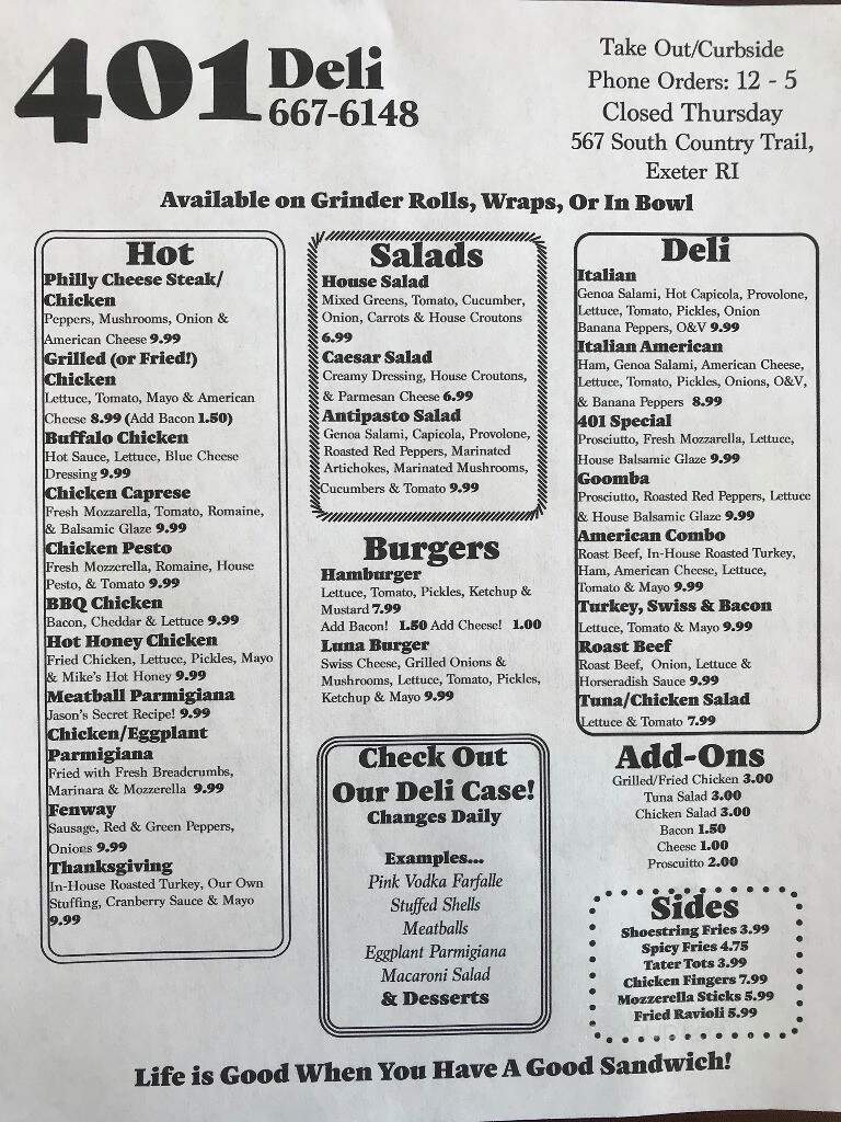 401 Deli - Exeter, RI menu_pic