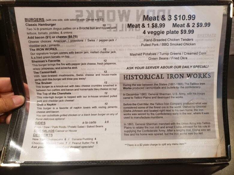 Iron Works Grille - Tellico Plains, TN menu_pic