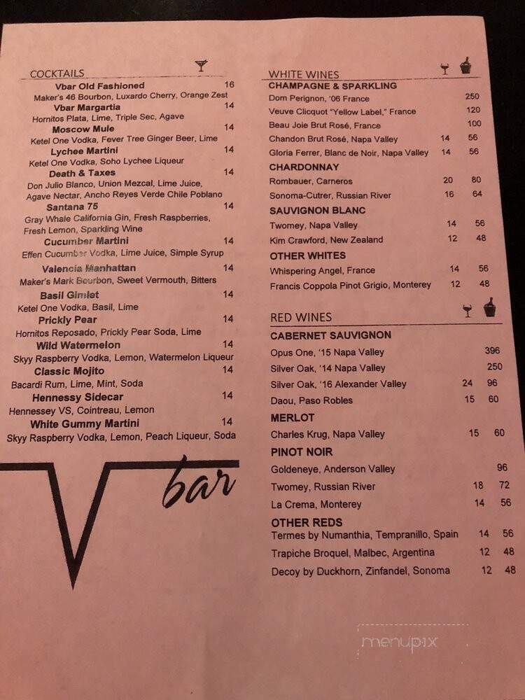 V Bar - San Jose, CA menu_pic