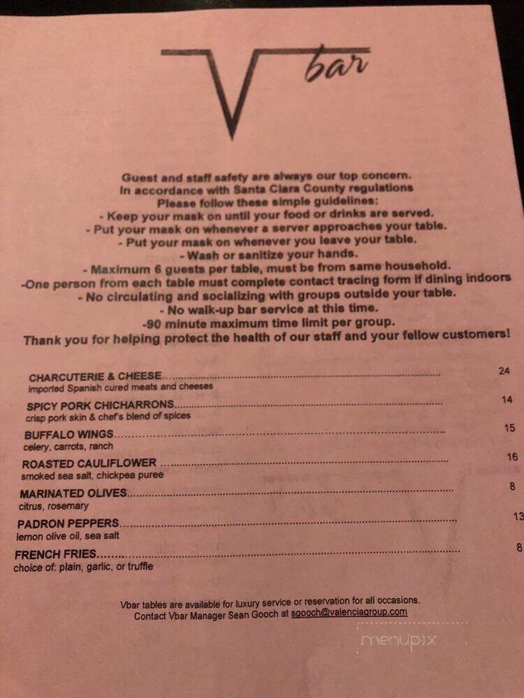 V Bar - San Jose, CA menu_pic