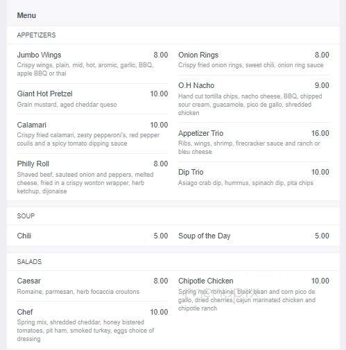 O.H. in the Hollywood Casino - Columbus, OH menu_pic