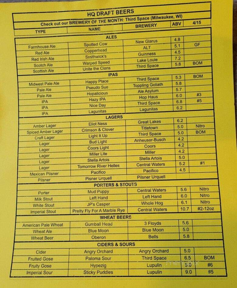 Headquarters Bar & Grill - Oregon, WI menu_pic