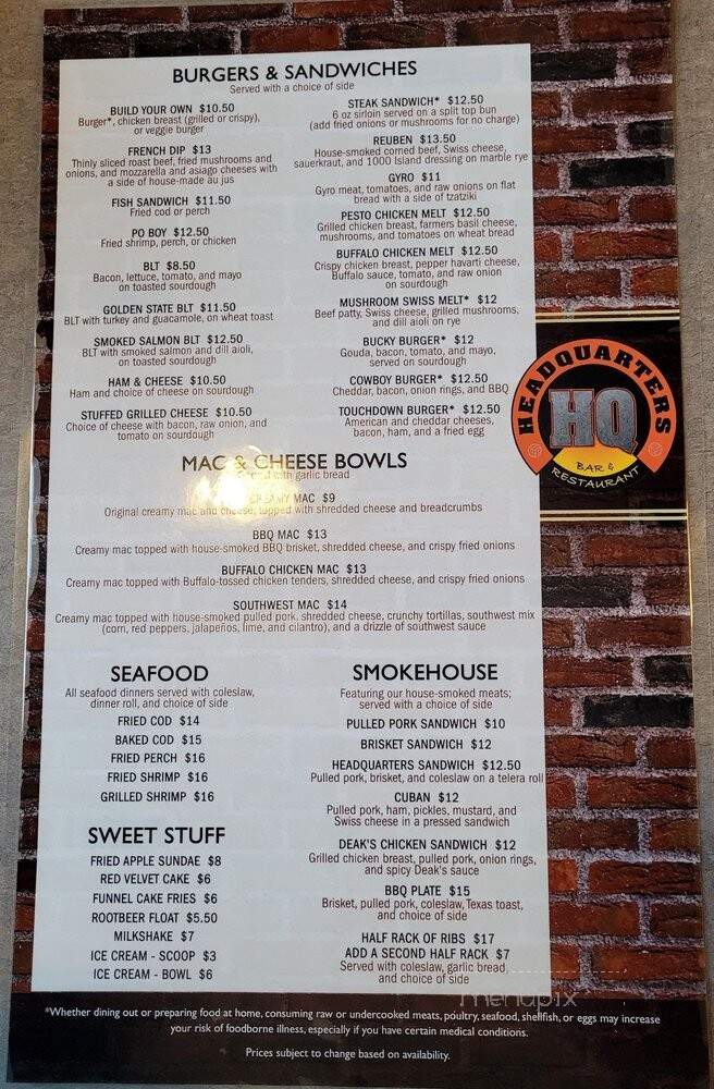 Headquarters Bar & Grill - Oregon, WI menu_pic