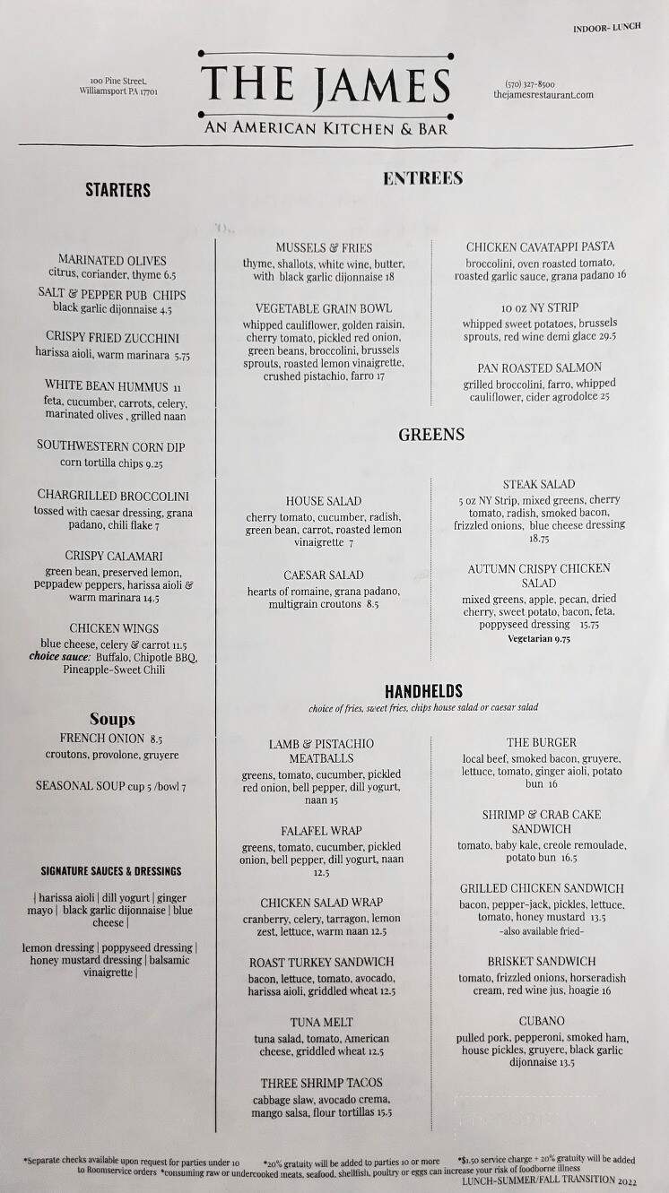 The James Restaurant - Williamsport, PA menu_pic