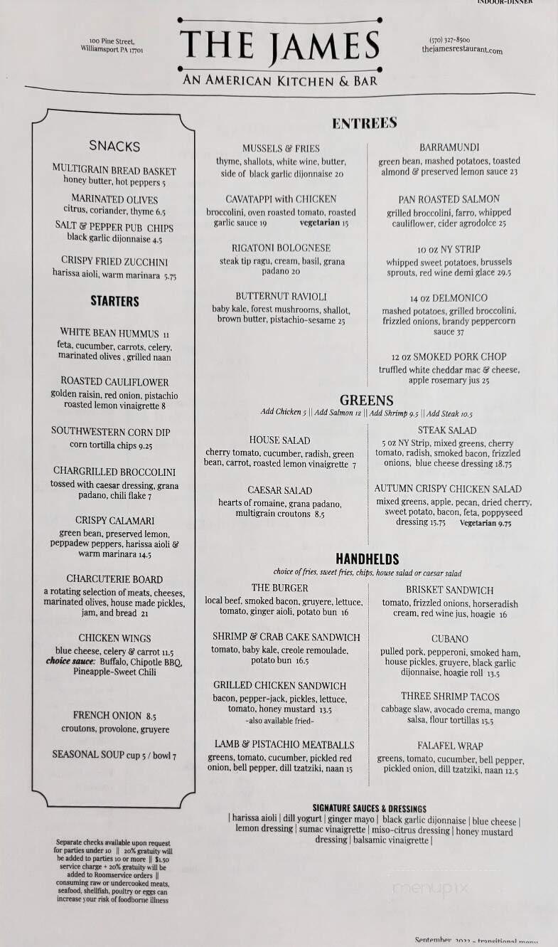 The James Restaurant - Williamsport, PA menu_pic