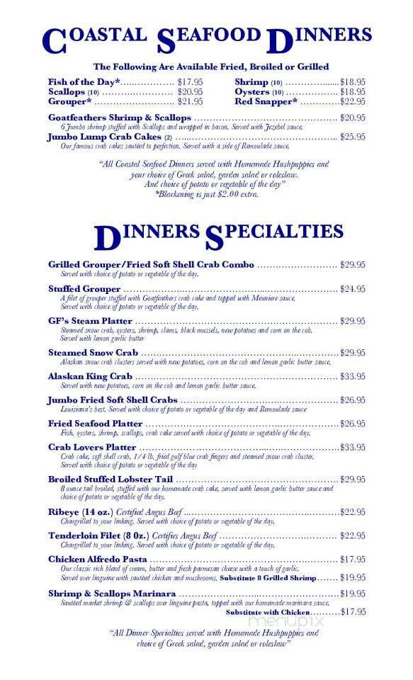 Goatfeathers Seafood Restaurant - Santa Rosa Beach, FL menu_pic